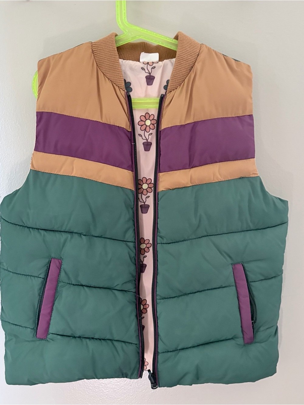 PacSun Kids Colorblock Puffer Vest in Green, Purple & Tan